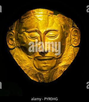 Golden Beerdigung Maske des Agamemnon Trojanischen Krieg Statue Archäologisches Nationalmuseum Athen Griechenland. Maske 1550 1500 v. Chr. aus Mykene Griechenland. . Stockfoto