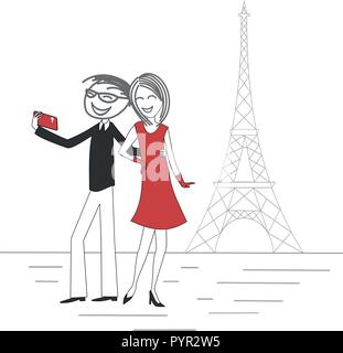 Ein paar Liebhaber ein Bild von sich selbst mit einem Handy in Paris vor dem Eiffelturm Stock Vektor