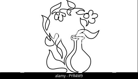 Kontinuierliche eine Linie zeichnen. Cosmetic aromatherapy Flasche und Blumen. Vector Illustration Stock Vektor