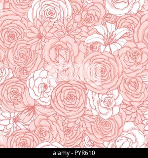 Vektor nahtlose Muster mit Rose, Lilie, Pfingstrose und Chrysantheme Blumen rosa und weißen Farben. Hand floral background Wiederholen von Blüten in gezeichnet Stock Vektor