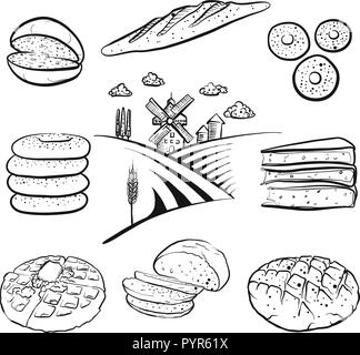 Satz von Hand gezeichnet Backwaren. Schwarzer umriss Vektorzeichnungen. Stock Vektor