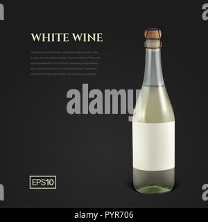 Fotorealistische Flasche weißen Sekt auf schwarzem Hintergrund Stock Vektor