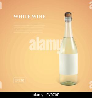 Fotorealistische Flasche weißen Sekt auf gelbem Hintergrund Stock Vektor
