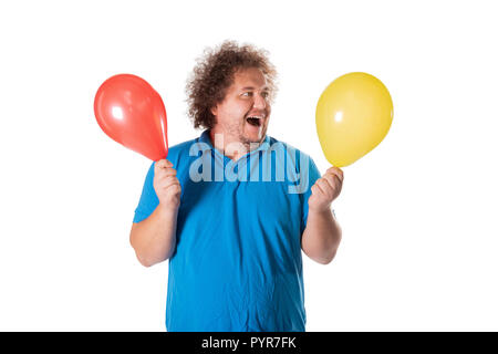 Funny Fat Man mit Luftballons. Alles Gute zum Geburtstag. Freude und Spaß Stockfoto
