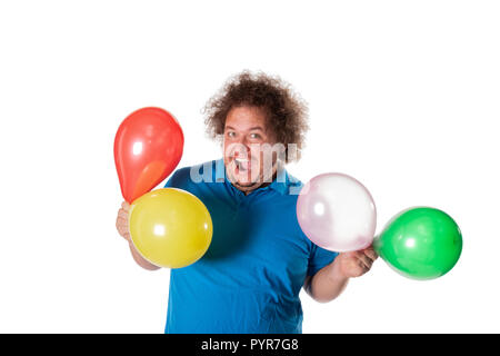 Funny Fat Man mit Luftballons. Alles Gute zum Geburtstag. Freude und Spaß Stockfoto