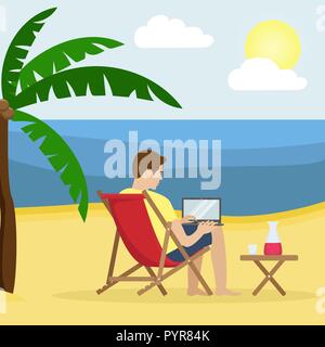 Ein Mann in einem Liegestuhl, die an einem Laptop auf einen Sandstrand mit Palmen. Remote arbeiten, freiberufliche. Vector Illustration. Stock Vektor