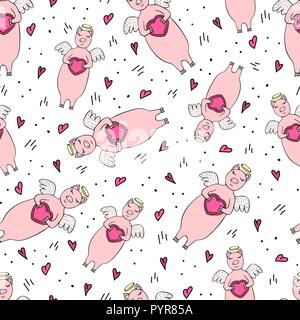 Lustige nahtlose Muster für den Valentinstag witn Schwein Engel auf den weißen Hintergrund. Stock Vektor