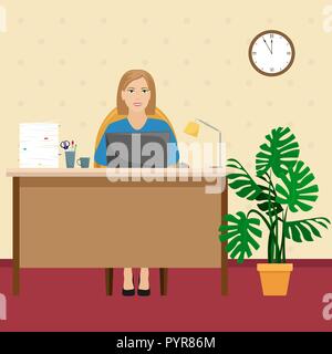 Eine Frau im Büro am Schreibtisch mit einem Stapel von Papieren und einen Laptop. Vector Illustration. Stock Vektor