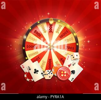 Flyer für casino online poker Karten, Würfeln, Chips, fortune Rad und andere spielende Designelemente. Banner oder Poster Vorlage auf glänzenden roten Hintergrund. Vector Illustration. Stock Vektor