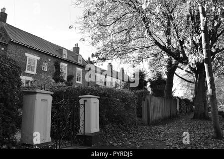 Schwarz-Weiß, herbstliches Bild des schönen, historischen Hartburn Village, Stockton-on-Tees, Großbritannien. Stockfoto