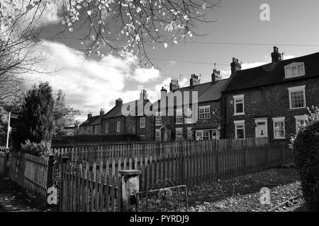 Schwarz-Weiß, herbstliches Bild des schönen, historischen Hartburn Village, Stockton-on-Tees, Großbritannien. Stockfoto