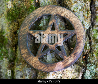 Holz- umkreist Pentagramm Symbol auf faserige Baumrinde im Wald, Stockfoto