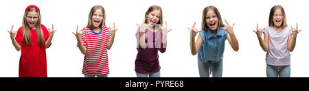 Collage der junge schöne Mädchen Kind über isolierte Hintergrund schreien mit verrückten Ausdruck tun Rock Symbol mit hands up. Musik Star. Schwere Stockfoto