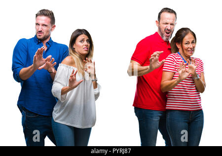 Collage der junge und ältere Paare, die in Liebe über isolierte Hintergrund angewiderten Ausdruck, unzufrieden und ängstlich, Ekel, weil Abneigung r Stockfoto