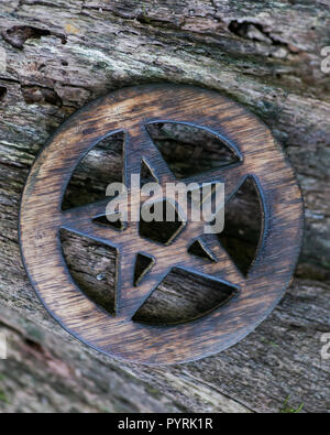 Holz- umkreist Pentagramm Symbol auf faserige Baumrinde im Wald, Stockfoto