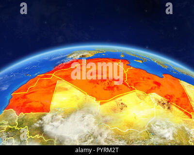 Maghreb auf dem Planeten Erde mit Ländergrenzen und sehr detaillierte Planeten und Wolken. 3D-Darstellung. Elemente dieses Bild eingerichtete b Stockfoto