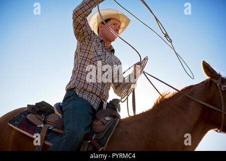 Rancher Holding ein Lasso beim Reiten eines Pferdes. Stockfoto