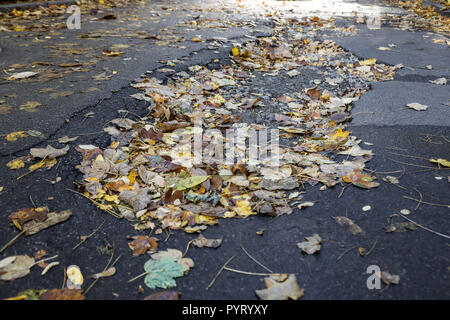 Große Grube mit Steinen auf der Asphaltstraße Stockfoto