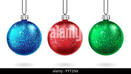 Set von Weihnachten rot, blau und grün Ball isoliert. Glitzernde Glitzerkugel. Weihnachten und Neujahr Kugel für Karten, Banner oder Feiertagsdekoration Stock Vektor