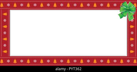 Süße Weihnachten oder Neujahr rotes Rechteck Banner, Rand, Rahmen mit Glocken und Schneeflocken Muster und festliche Green Ribbon auf weißem Hintergrund. Vektor Stock Vektor