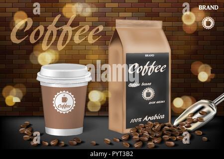 Kaffeetasse mit Bohnen ads. 3D-Illustration des heißen Kaffees Arabica. Produkt Paper bag Package Design mit Ziegel Hintergrund. Vektor Stock Vektor