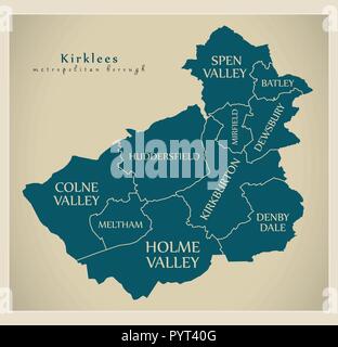 Moderne Stadtplan - Kirklees Metropolitan Borough von England mit Bereiche und Titel UK Stock Vektor