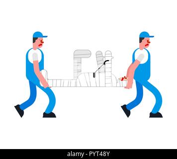 Urheber und verletzten Mann. Torhüter tragen Mann in Bandagen. Bandagierten Patientenbett. Lader mover Mann hält. Unfall folgen. Vector Illustration Stock Vektor