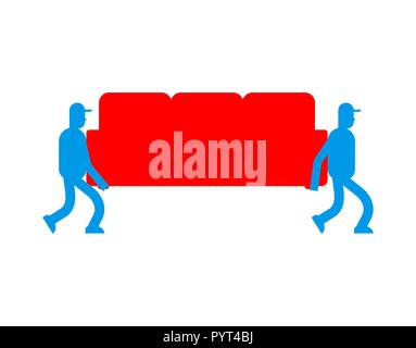 Urheber und Sofa. Torhüter tragen Couch. Lieferservice. Lader mover Mann hält. Verschieben von Vector Illustration Stock Vektor