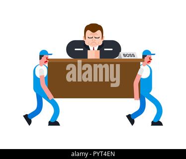 Urheber und der Chef auf den Tisch. Torhüter tragen Geschäftsmann am Schreibtisch. Lieferservice. Lader mover Mann hält. Verschieben von Vector Illustration Stock Vektor