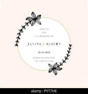 Hochzeit Einladung Design Template mit goldenen runden Rahmen, Blumenschmuck, Sample text Layout in Schwarz und Gold, light Peach rosa Hintergrund. Stock Vektor