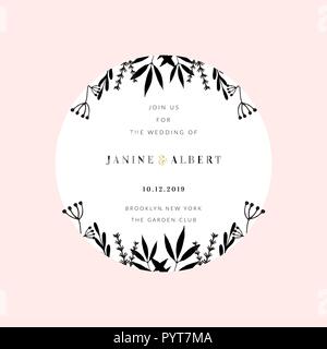 Hochzeit Einladung design Vorlage mit runden Rahmen, Blumenschmuck, Sample text Layout in Schwarz und Gold, leicht rosa unterlegt. Stock Vektor