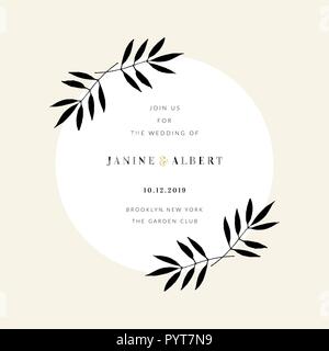 Hochzeit Einladung design Vorlage mit runden Rahmen, Blumenschmuck, Sample text Layout in Schwarz und Gold, hellgelben Hintergrund. Stock Vektor