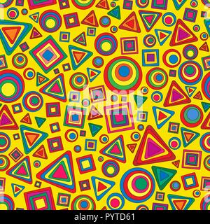 Nahtlose geometrische Textur mit Gruppen mit farbigen Quadraten, Kreisen und Dreiecken mit abgerundeten Ecken. Gelber Hintergrund, ändern Sie können den backgroun Stock Vektor