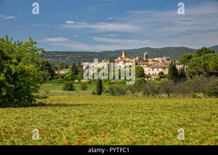 Bereich der Weizen und Mohn mit Blick auf das idyllische Dorf Lourmarin, Provence, Luberon, Vaucluse, Frankreich Stockfoto