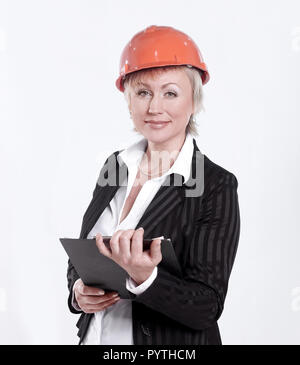 Portrait einer weiblichen Architekten mit Dokumenten. isoliert auf weißem Stockfoto
