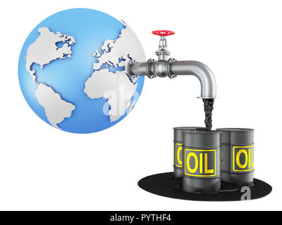 Die Kugel mit einer Ölleitung, aus denen das Öl fließt auf Fässern. 3D-Rendering Stockfoto