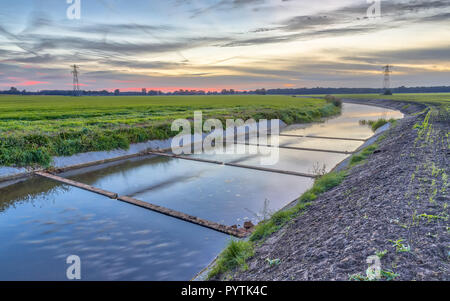 Neu gebaute Fischtreppe in Lowland river Auf niederländischen landwirtschaftlichen Landschaft Stockfoto