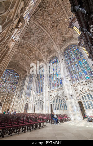 Stuhlreihen vor der Norden und Westen Glasfenster unter dem Lüfter Gewölbe Decke, King's College Chapel, der Universität von Cambridge. Stockfoto