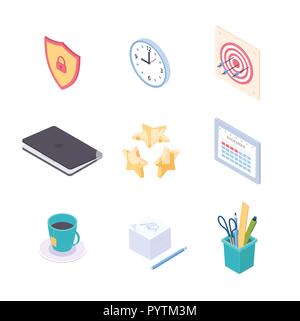 Bürobedarf - moderne Vektor bunte isometrische Elemente Stock Vektor