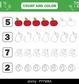 Mathematik Arbeitsblatt für Kinder. Anzahl und Farbe pädagogische Kinder Aktivität Stock Vektor