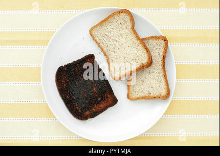 Scheiben Brot mit einem Stück der verbrannten Toast auf Gestreift gelb hinterlegt. Stockfoto