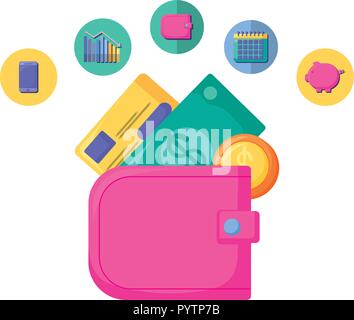 Wallet mit Geld und ähnliche Symbole auf weißem Hintergrund, Vector Illustration Stock Vektor