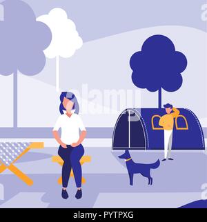 Frau sitzt im Park mit einem Hund über lila Hintergrund, buntes Design. vektor-Illustration Stock Vektor