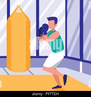 Mann mit Boxsack in der Turnhalle, farbenfrohen Design. Vector Illustration Stock Vektor