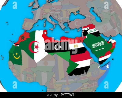 Arabische Liga mit eingebetteten nationale Flaggen auf Blau politische 3D-Globus. 3D-Darstellung. Stockfoto