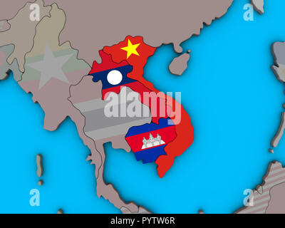 Indochina mit eingebetteten nationale Flaggen auf Blau politische 3D-Globus. 3D-Darstellung. Stockfoto