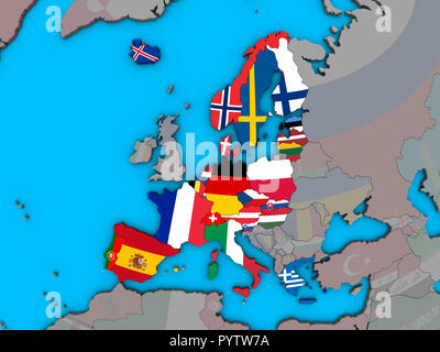 Schengen-raum Mitglieder mit eingebetteten nationale Flaggen auf Blau politische 3D-Globus. 3D-Darstellung. Stockfoto