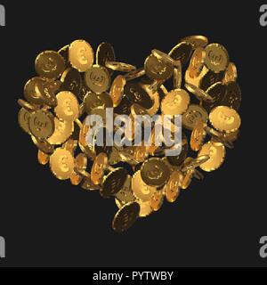 Herzförmige golden Euro Münzen. realistische Vector Illustration. Stock Vektor