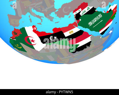 Arabische Liga mit nationalen Flaggen auf einfache politische Welt. 3D-Darstellung. Stockfoto