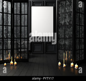 Mock-up-Poster in dunklen Innenraum Hintergrund mit Kerzen, 3D-Rendering Stockfoto